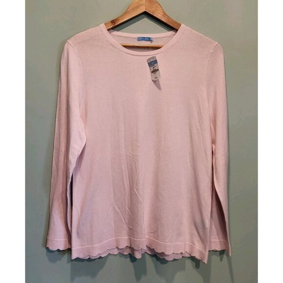 New J Mclaughlin Lt Pink Henri Lightweight Scallop Hem Pullover Sweater Sz L - Picture 1 of 7